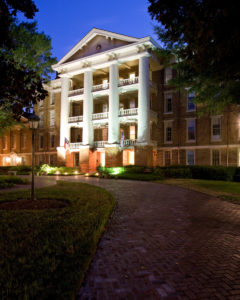 William Peace University Old Main night exterior shot