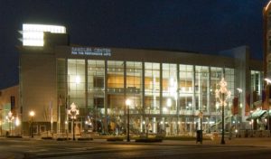 night shot of sandler center